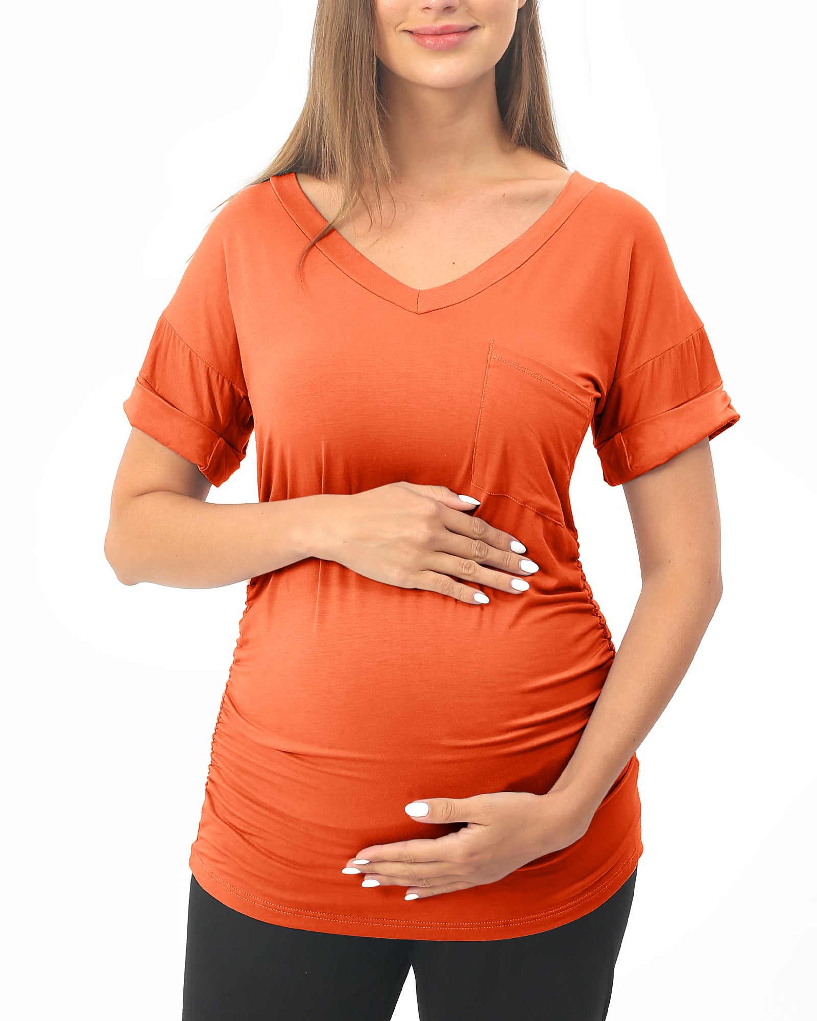 Orange Short sleeve Maternity Shirts with Pocket