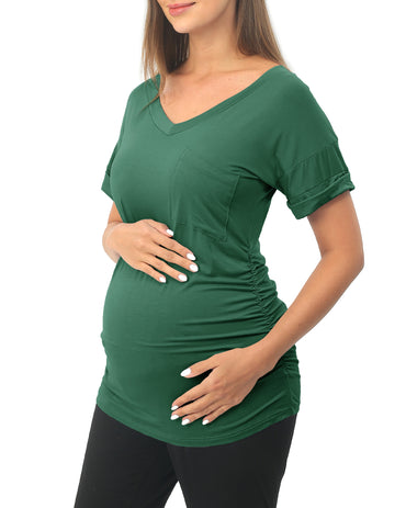 Green Short sleeve Maternity Shirts with Pocket