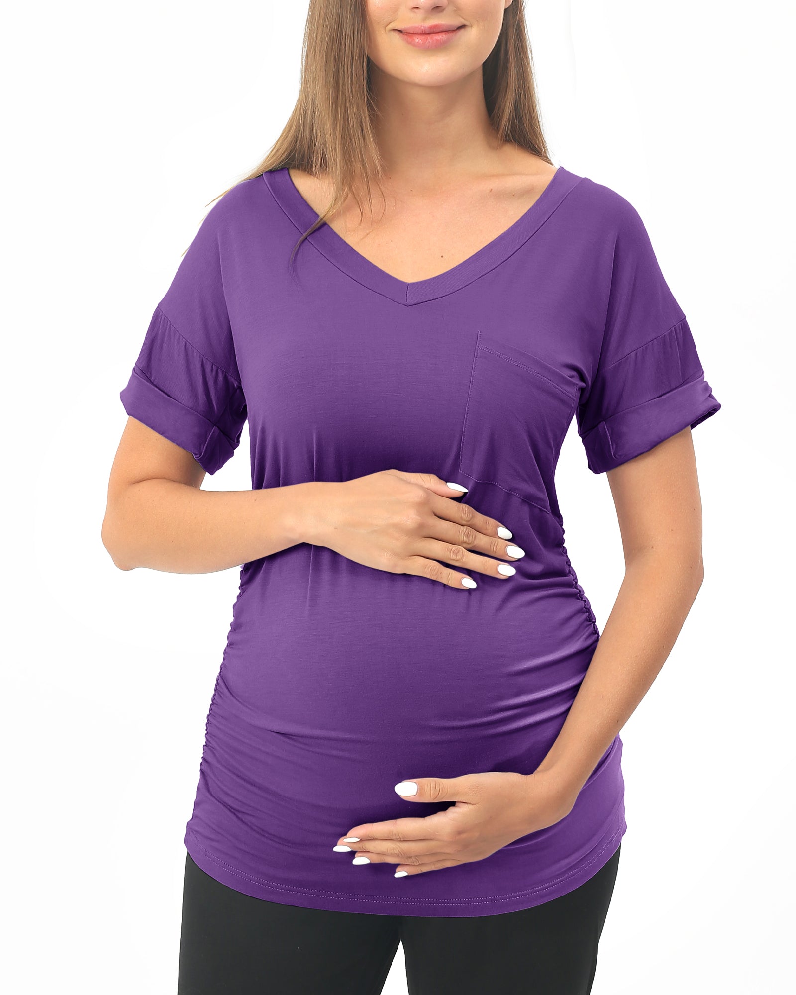 Purple Short sleeve Maternity Shirts with Pocket