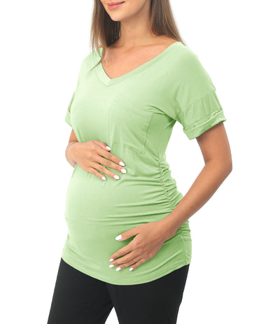 Light Green Short sleeve Maternity Shirts with Pocket