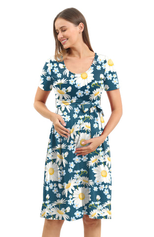 Blue Daisy Printed Swing Maternity Dress with Belt