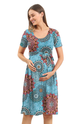 Mix Blue Printed Swing Maternity Dress with Belt