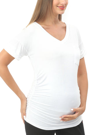 White Short sleeve Maternity Shirts with Pocket