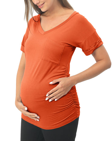 Orange Short sleeve Maternity Shirts with Pocket