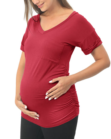 Wine Red Short sleeve Maternity Shirts with Pocket