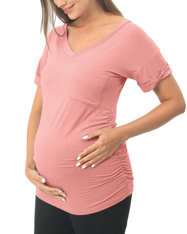 Pink Short sleeve Maternity Shirts with Pocket