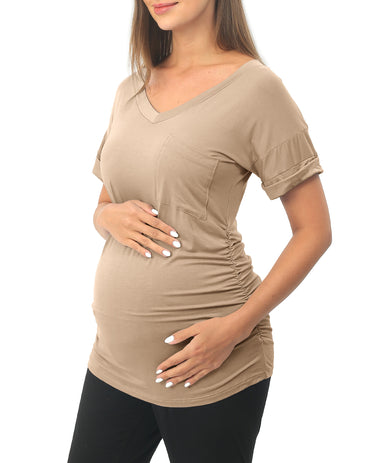 Khaki Short sleeve Maternity Shirts with Pocket