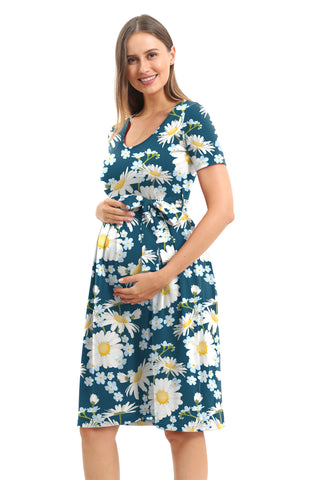 Blue Daisy Printed Swing Maternity Dress with Belt