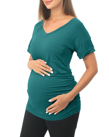 Teal Short sleeve Maternity Shirts with Pocket