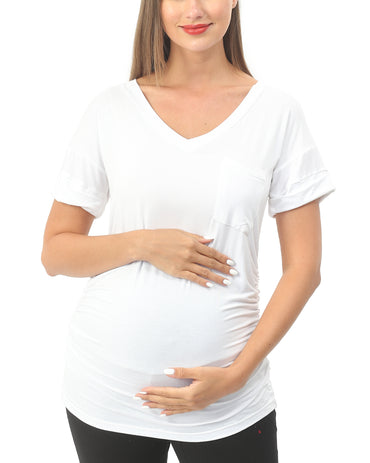 White Short sleeve Maternity Shirts with Pocket