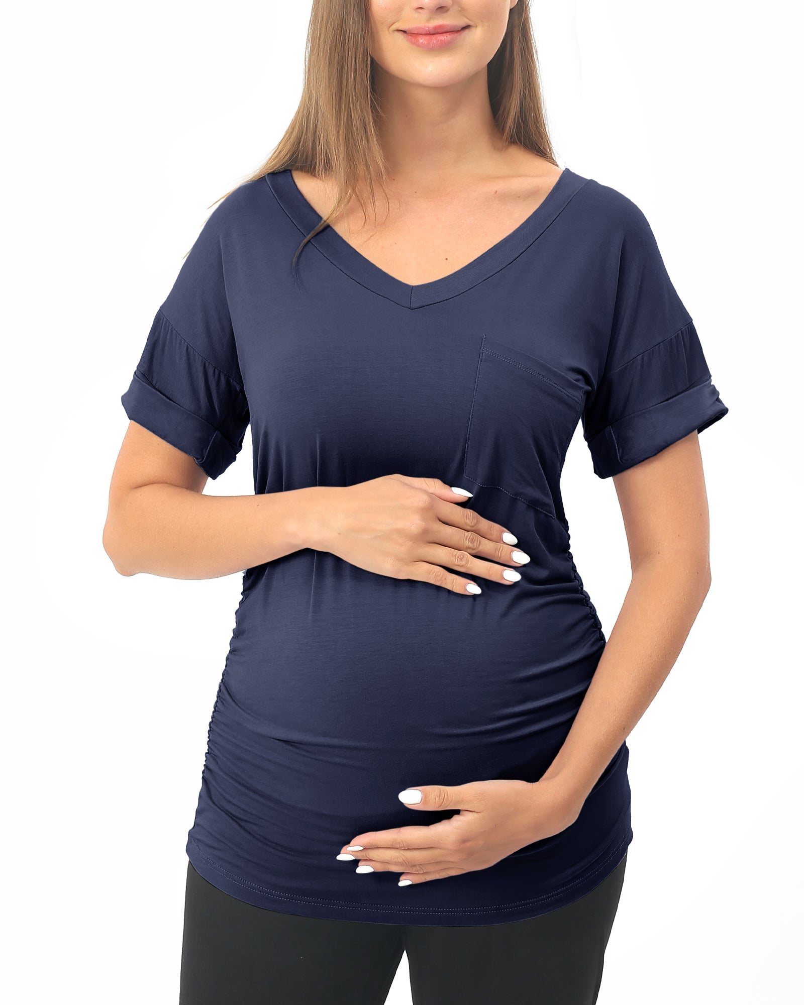 Navy Short sleeve Maternity Shirts with Pocket