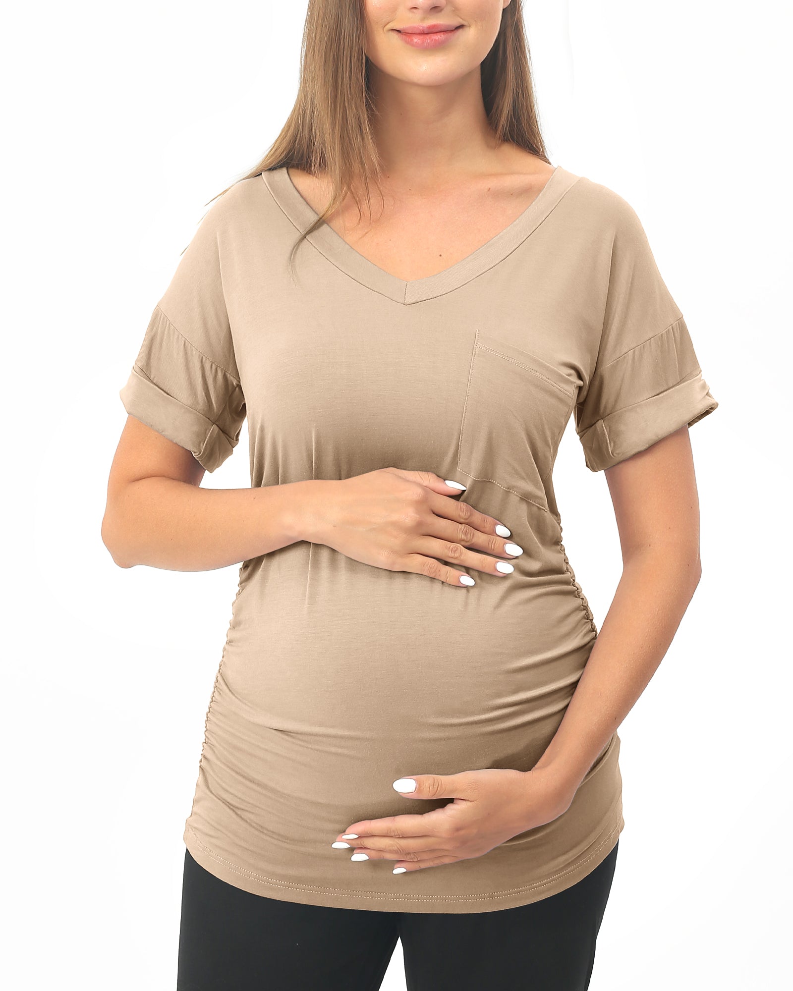 Khaki Short sleeve Maternity Shirts with Pocket