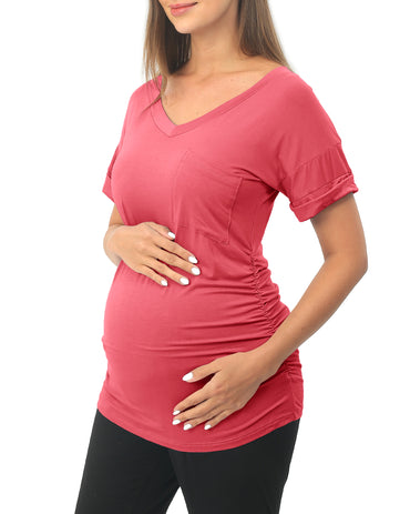 Red Short sleeve Maternity Shirts with Pocket