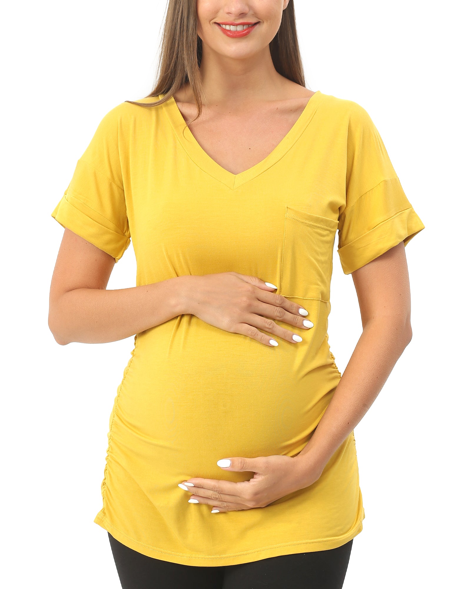 Yellow Short sleeve Maternity Shirts with Pocket