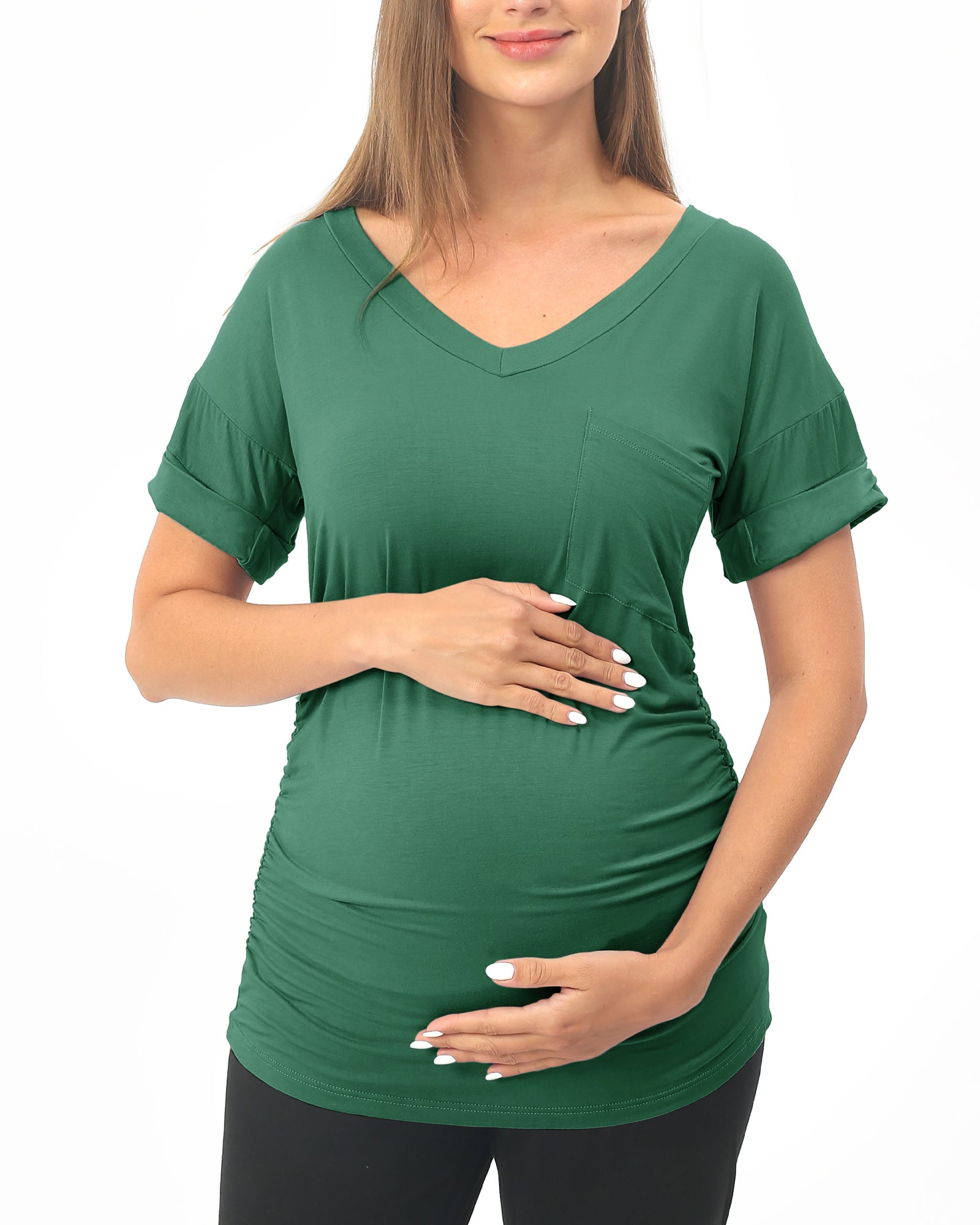 Green Short sleeve Maternity Shirts with Pocket
