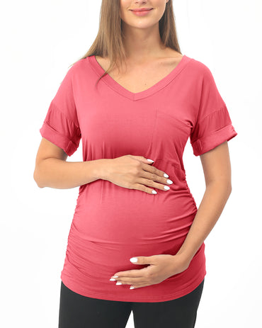 Red Short sleeve Maternity Shirts with Pocket