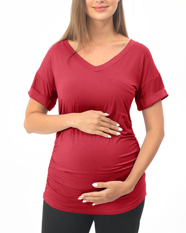 Wine Red Short sleeve Maternity Shirts with Pocket