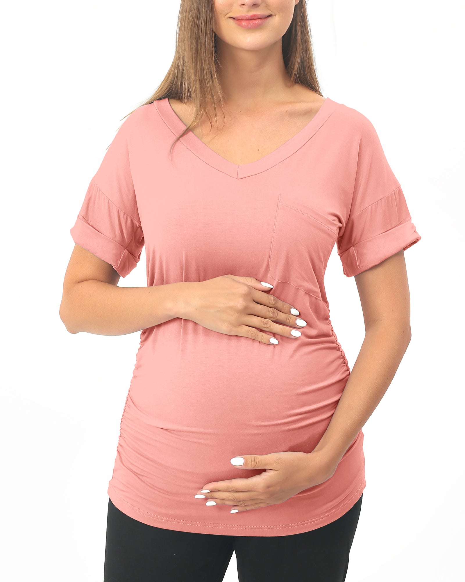 Pink Short sleeve Maternity Shirts with Pocket