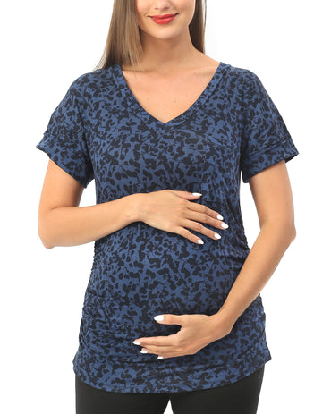 Navy Flower Printed Maternity Shirts with Pocket