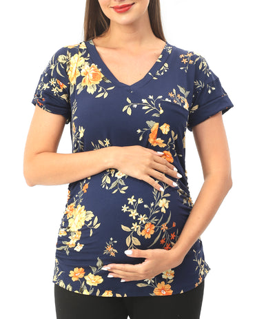 Navy Floral Short sleeve Maternity Shirts with Pocket