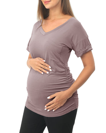Light Purple Short sleeve Maternity Shirts with Pocket