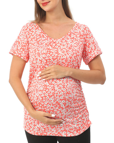 Red Daisy Short sleeve Maternity Shirts with Pocket